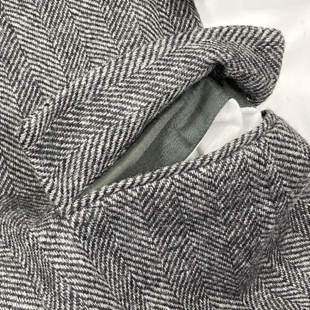 Barrington Vtg Tweed Wool Sport Coat Herringbone Gray Black 40 42 Men Preppy 70s